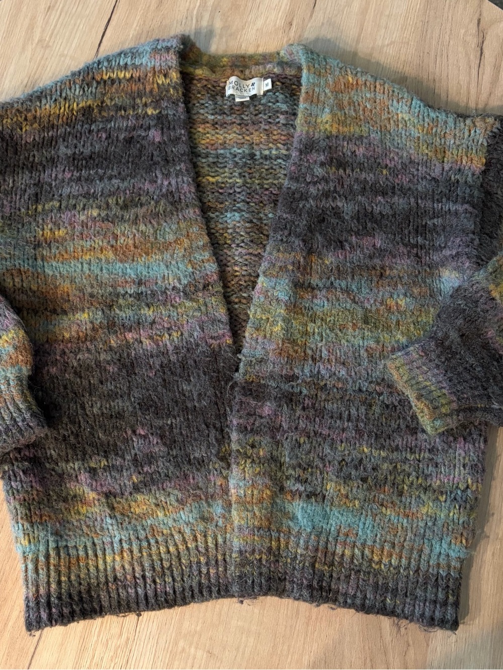 MOLLY BRACKEN HEATHERED MULTICOLOR CHUNKY OPEN CARDIGAN BALLOON SLEEVE SIZE MED